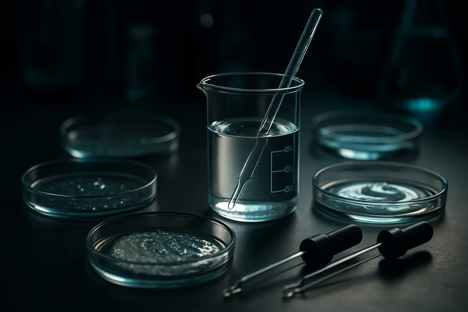 Cosmetic chemistry bench with petri dishes and pipettes, illustrating best copper peptide serums