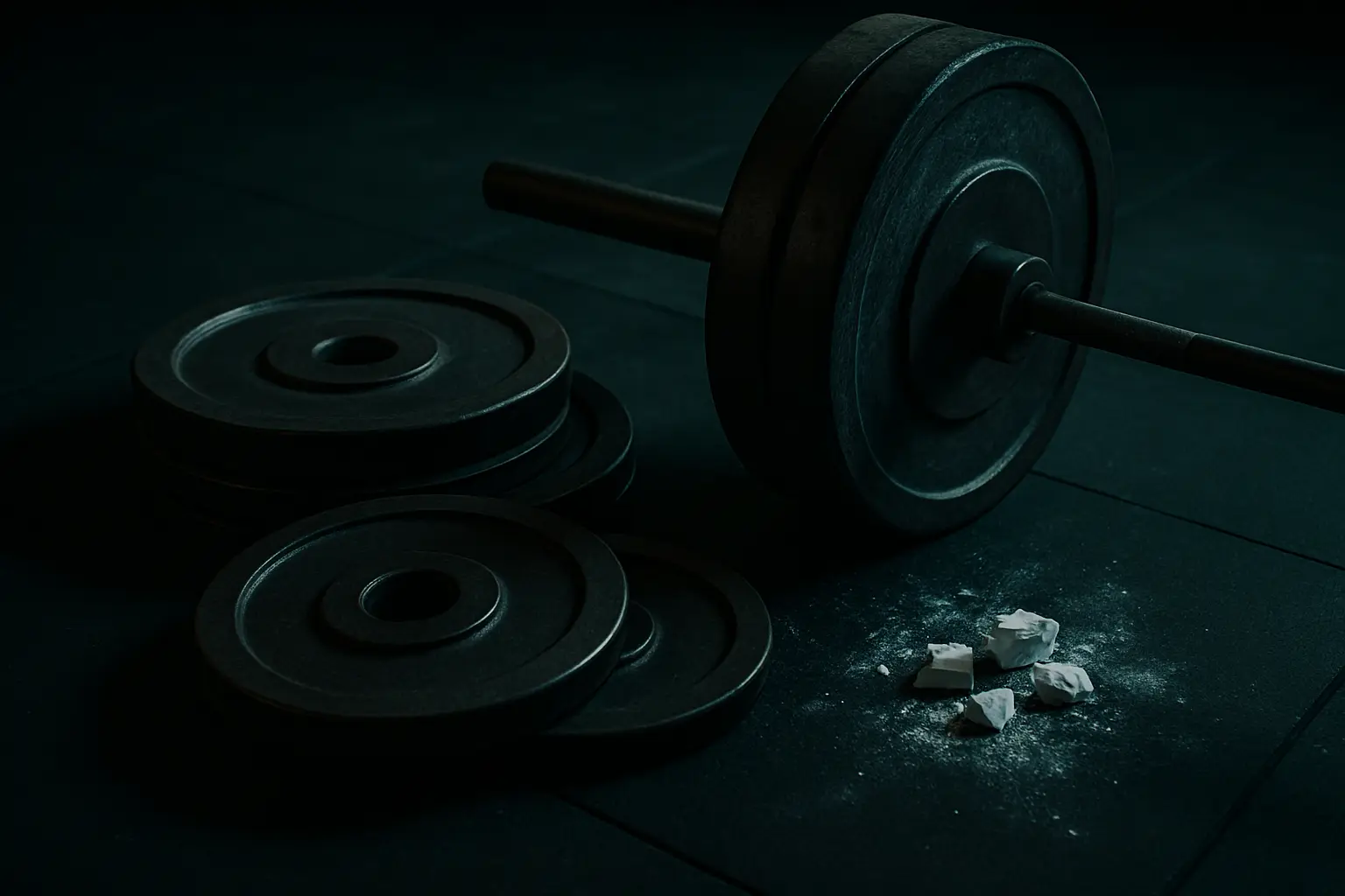 Barbell, weight plates and chalk on a gym floor, illustrating best peptides for energy
