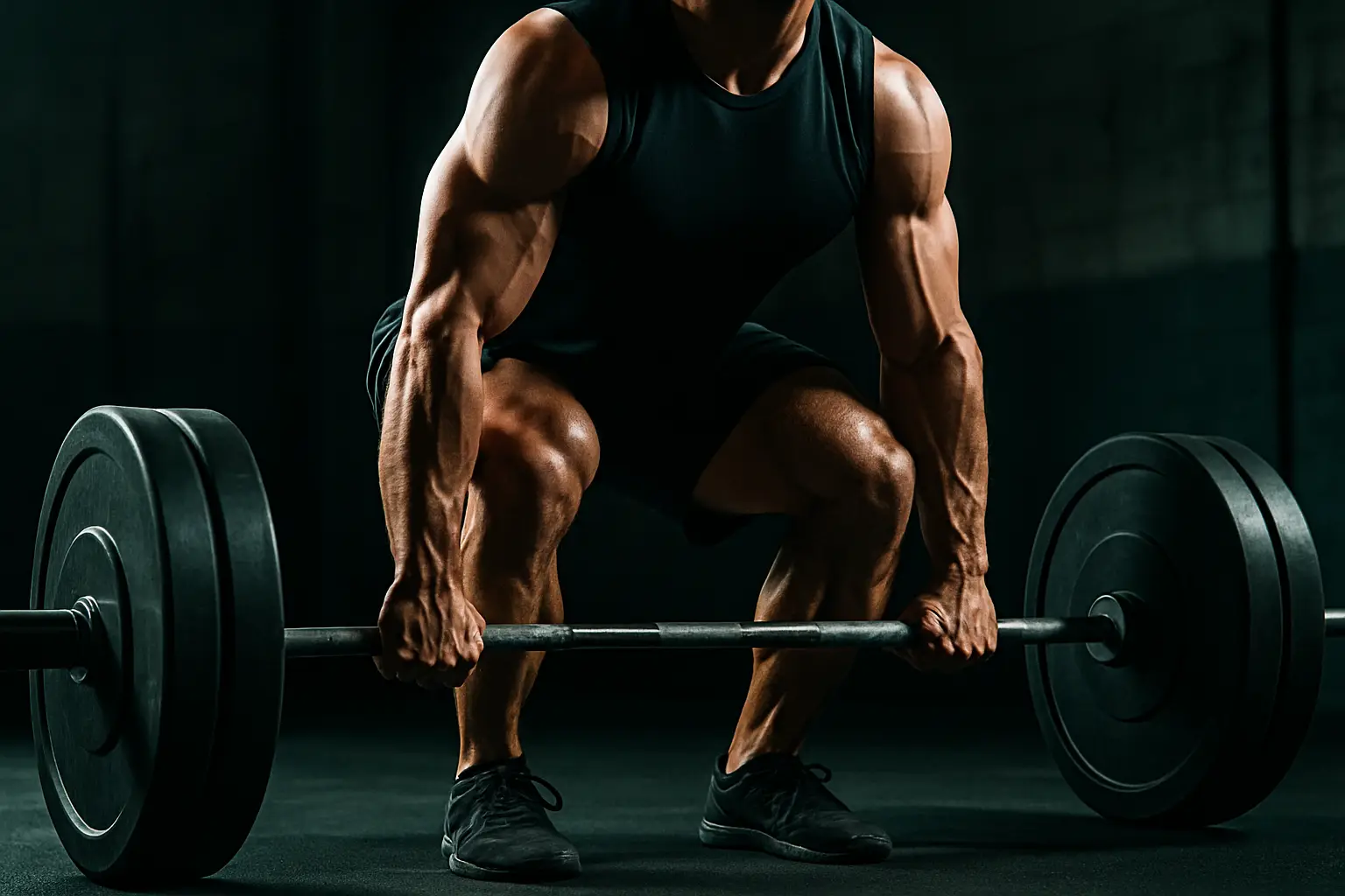 Athlete performing a deadlift in a dim gym, illustrating best peptides for healing