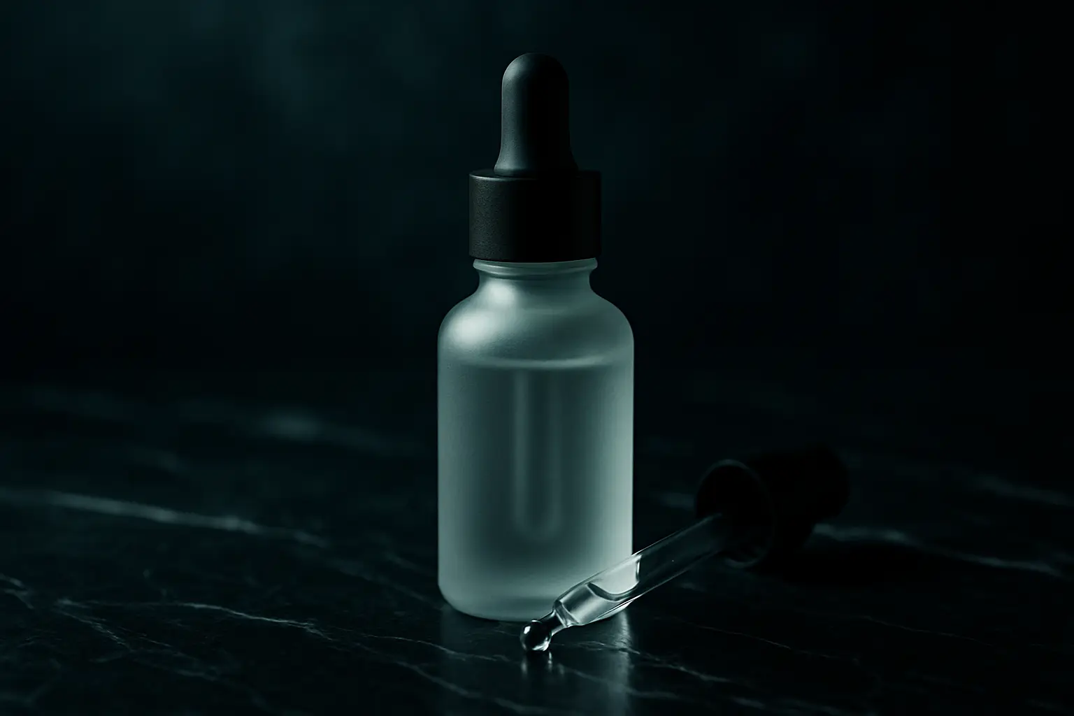 Serum dropper bottle on a dark marble surface, illustrating best peptides for skin