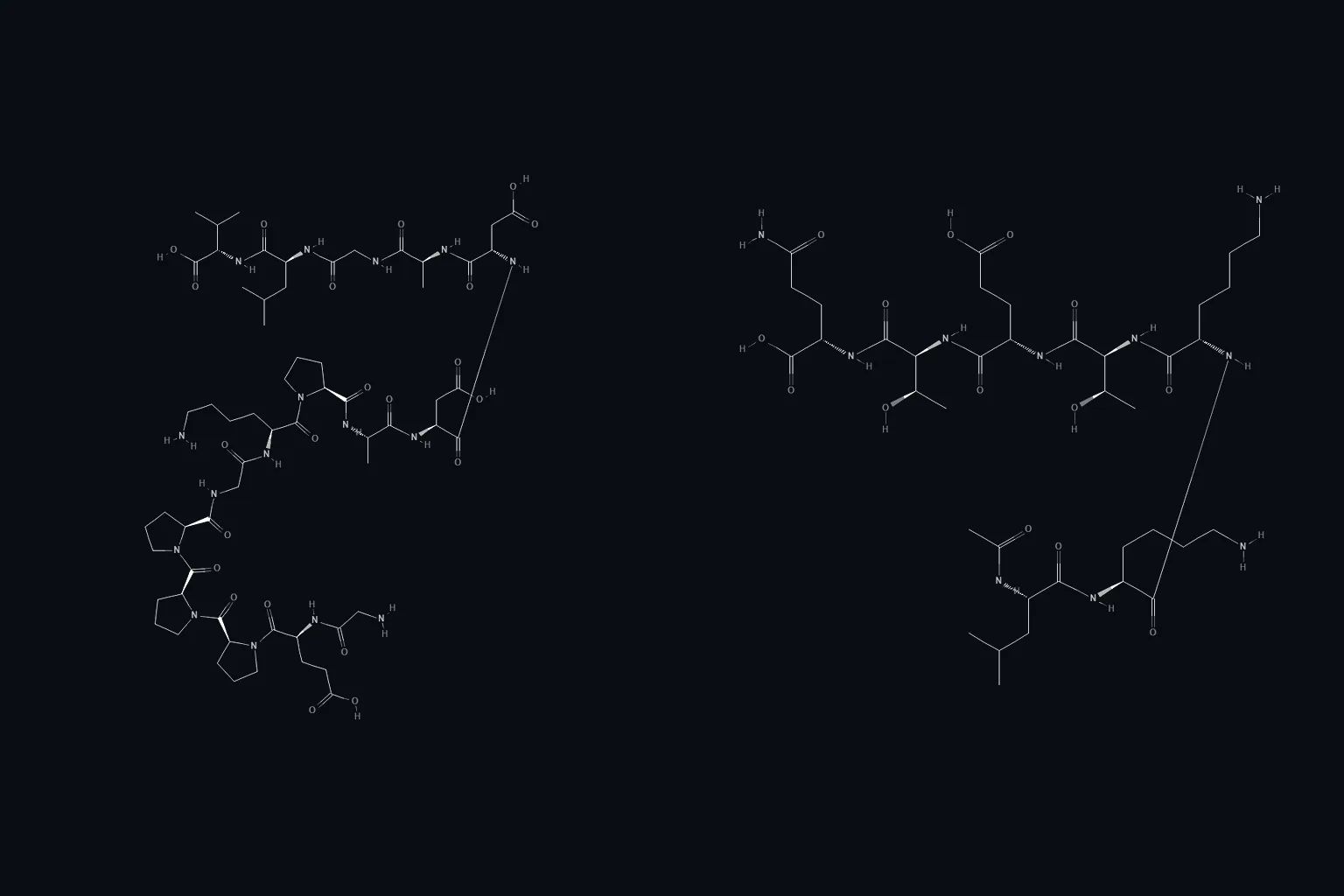 Molecular structures of BPC-157 and TB-500 side by side, illustrating bpc 157 vs tb 500