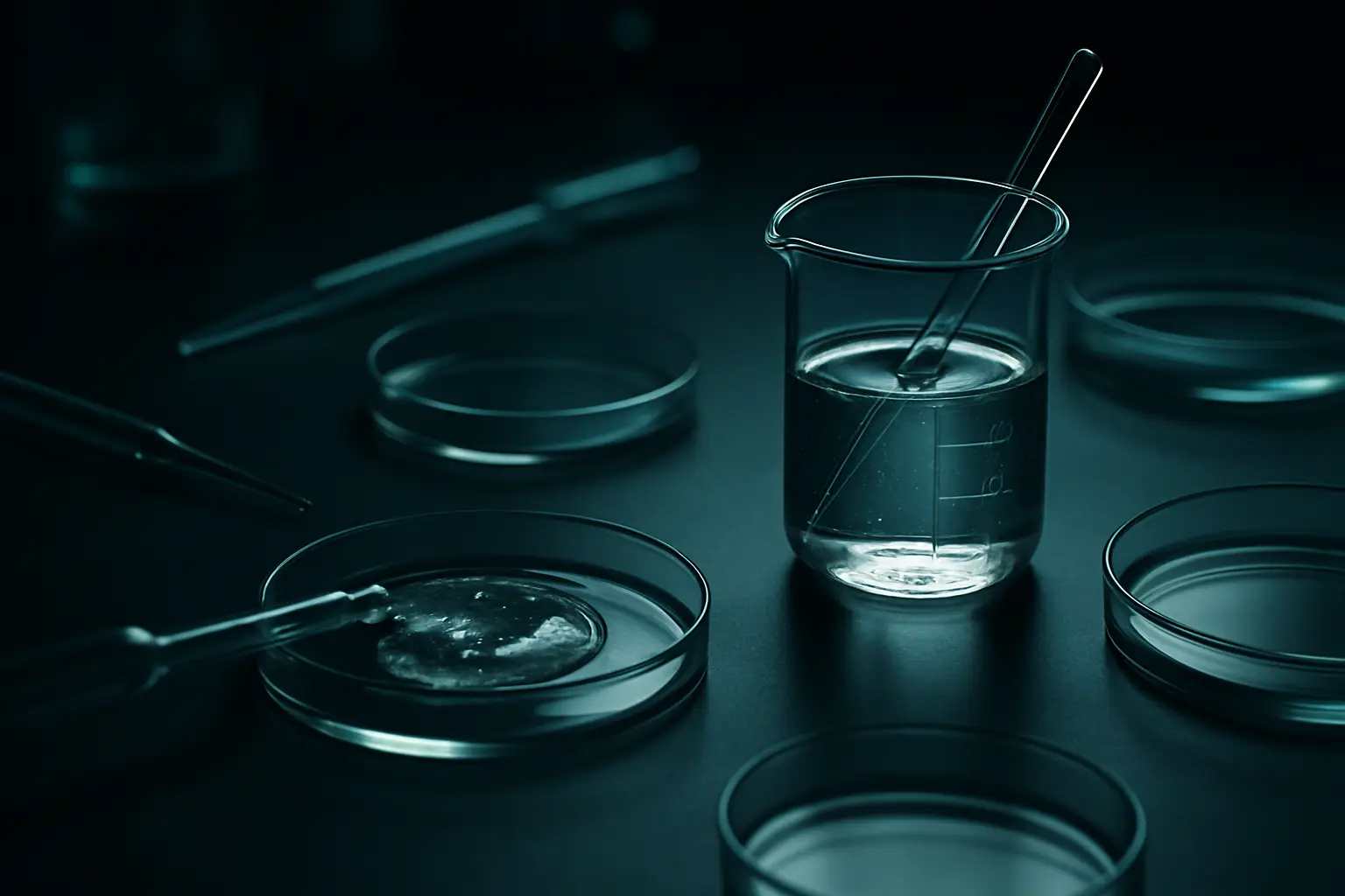 Cosmetic chemistry bench with petri dishes and pipettes, illustrating collagen peptides