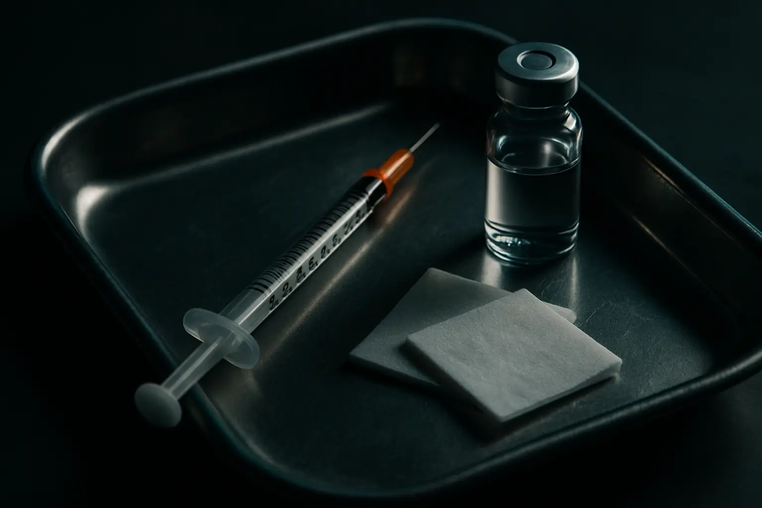 Insulin syringe, alcohol swabs and vial on a steel tray, illustrating how to inject peptides