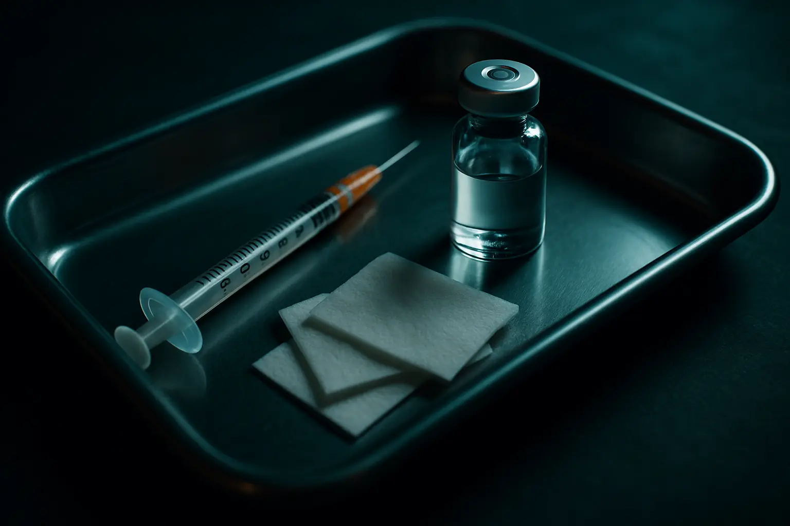 Insulin syringe, alcohol swabs and vial on a steel tray, illustrating how to use peptides