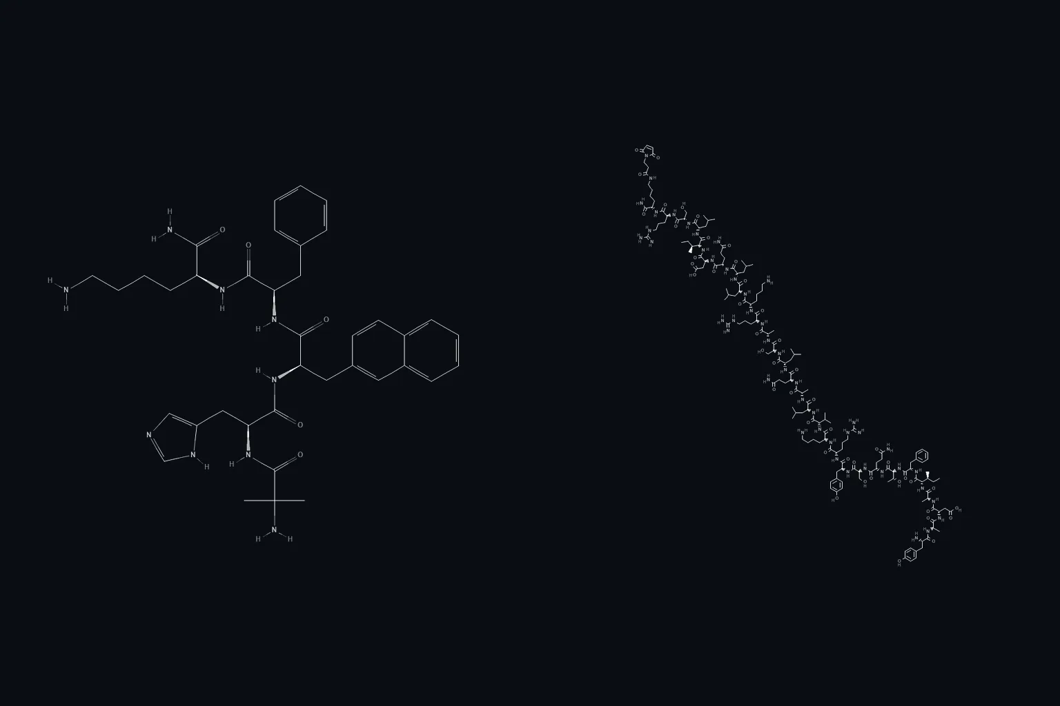 Molecular structures of Ipamorelin and CJC-1295 side by side, illustrating ipamorelin vs cjc 1295