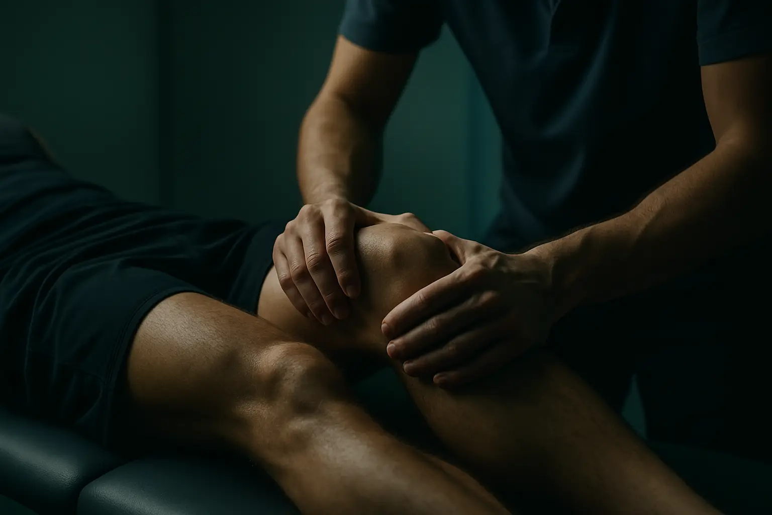 Physiotherapy treatment on an athlete's knee, illustrating muscle building peptide stack