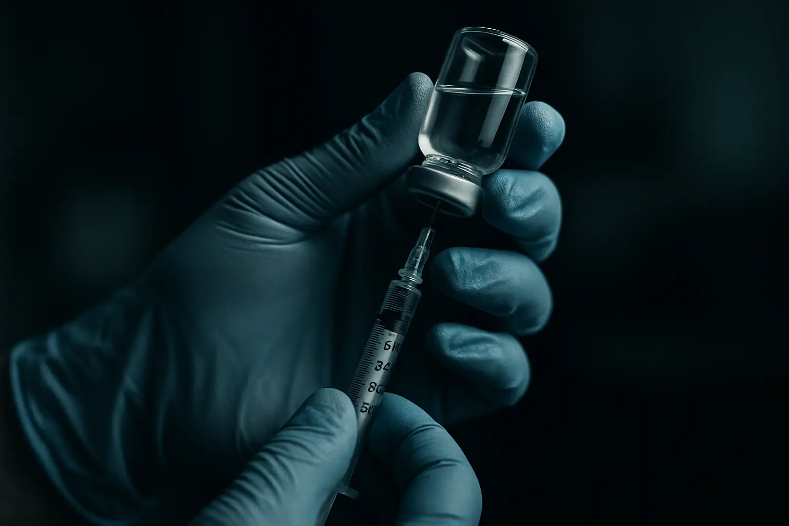 Gloved hands drawing liquid from a vial into a syringe, illustrating peptide cycle