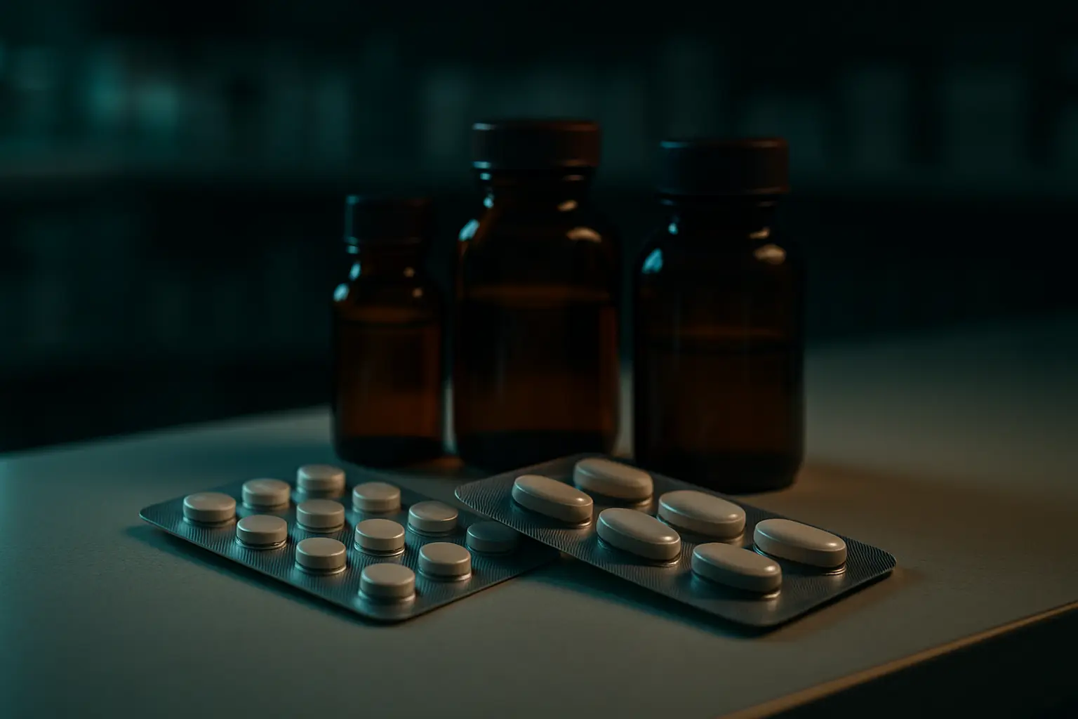 Blister packs and amber medicine bottles on a counter, illustrating peptide side effects