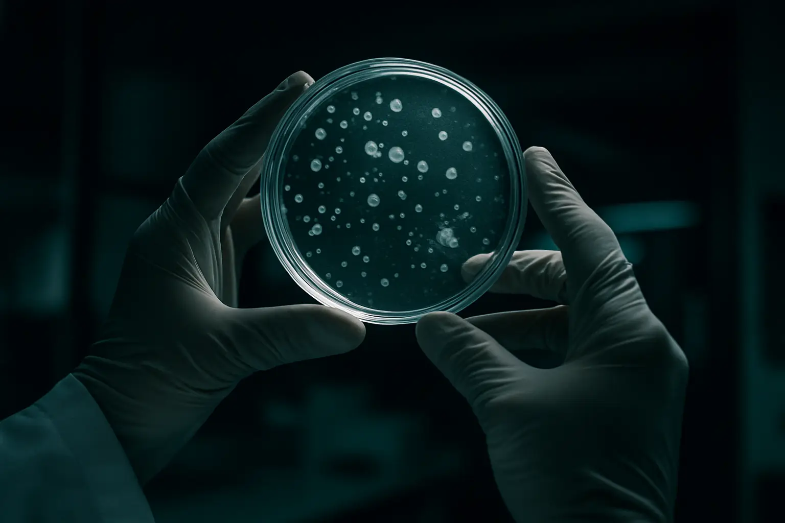 Gloved hands holding a petri dish in a dark lab, illustrating how much does peptide therapy cost