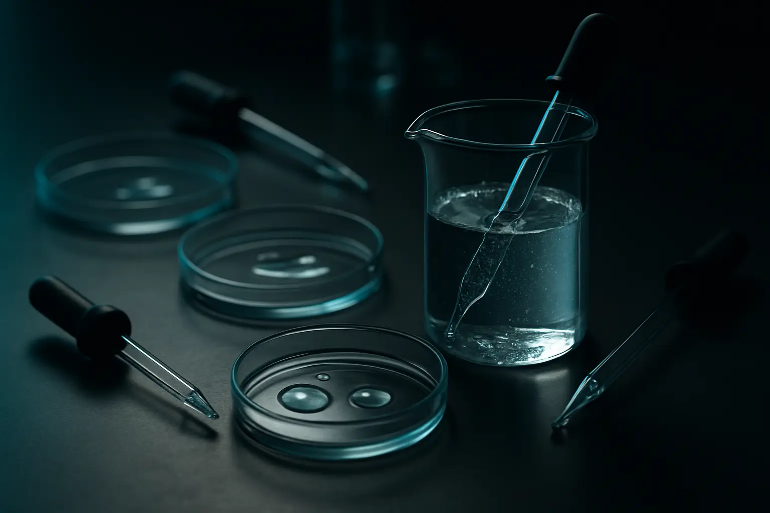 Cosmetic chemistry bench with petri dishes and pipettes, illustrating peptides for skin