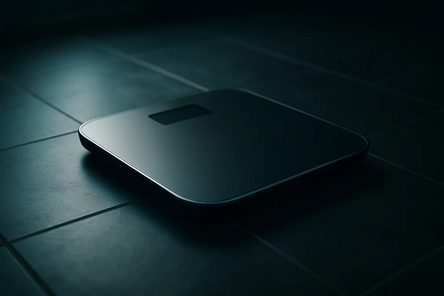 Modern bathroom scale on a dark tiled floor, illustrating peptides for weight loss