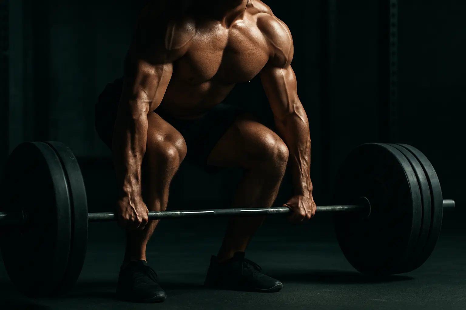 Athlete performing a deadlift in a dim gym, illustrating recovery peptide stack