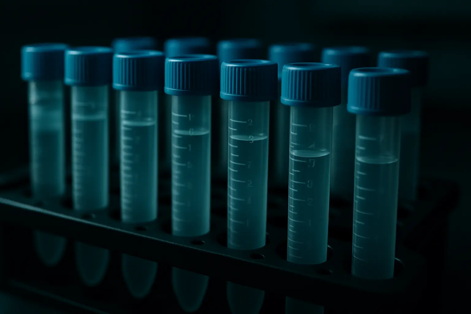 Sample tubes in a centrifuge rack under lab light, illustrating retatrutide