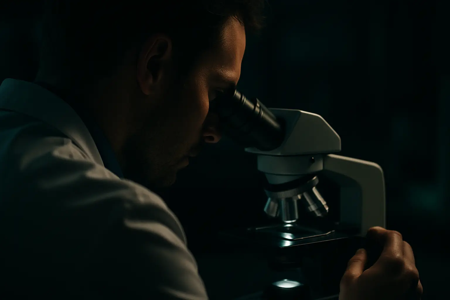 Scientist looking into a microscope in a dark lab, illustrating tirzepatide vs retatrutide