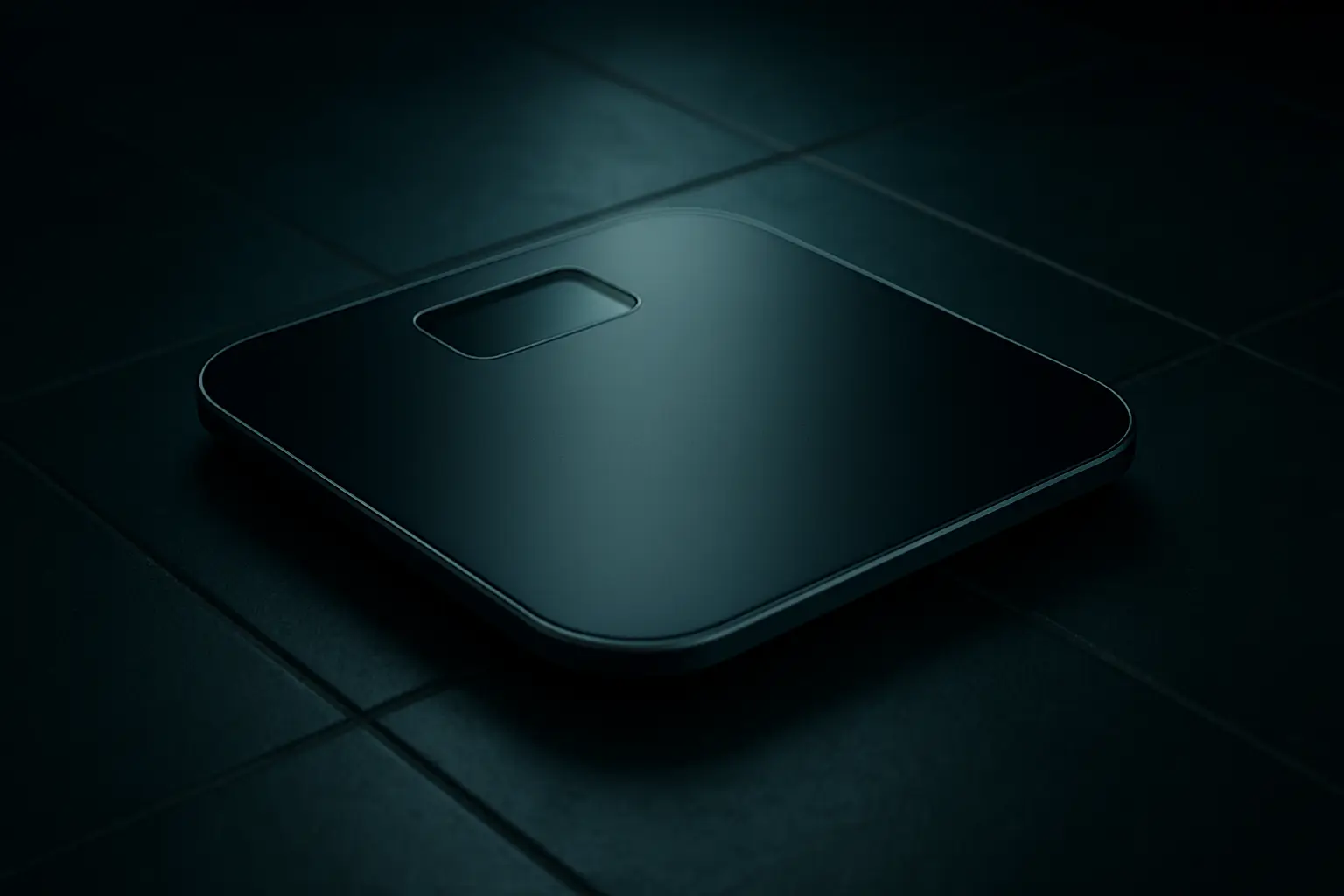 Modern bathroom scale on a dark tiled floor, illustrating peptide stack for weight loss