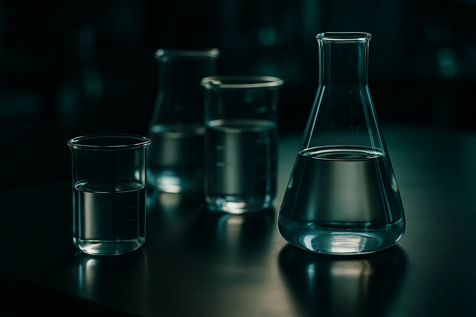 Laboratory glassware on a dark research bench, illustrating what are peptides