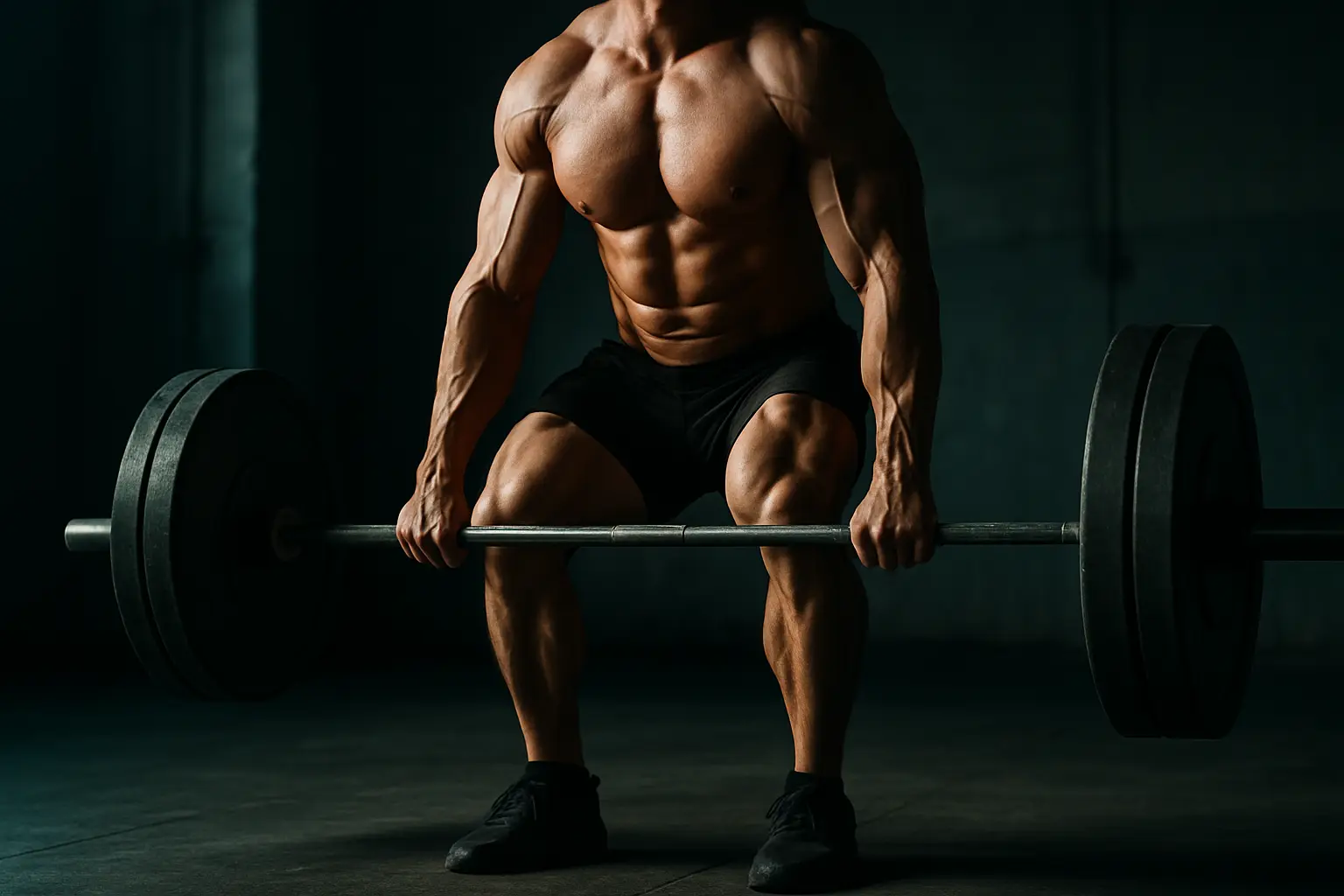 Athlete performing a deadlift in a dim gym, illustrating wolverine stack